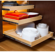 Bakeware items in cabinets.