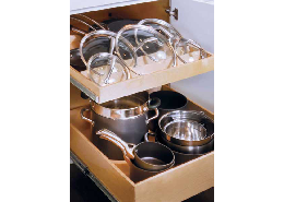 Pots and pans in shelves.