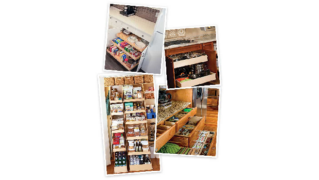 Collage of Kitchen shelving.