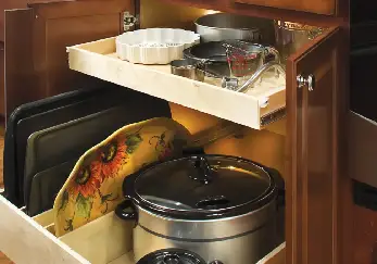 Bakeware on pull-out shelves.