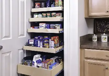Pantry full of cabinets and cans of food.