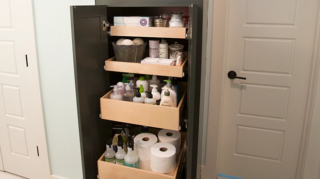 Customized Pull-Out shelves in bathroom cabinets.