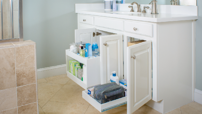 Customized Pull-Out shelves in bathroom cabinets.