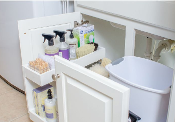 Bathroom triple-height pull-out with trash.