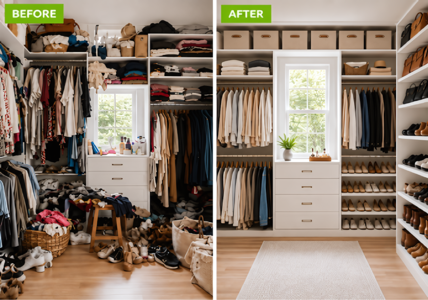 Closet full of items with before and after verbiage.