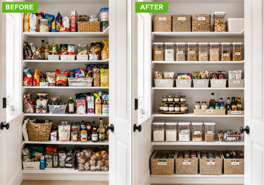 Pantry shelves full of items with before and after images.
