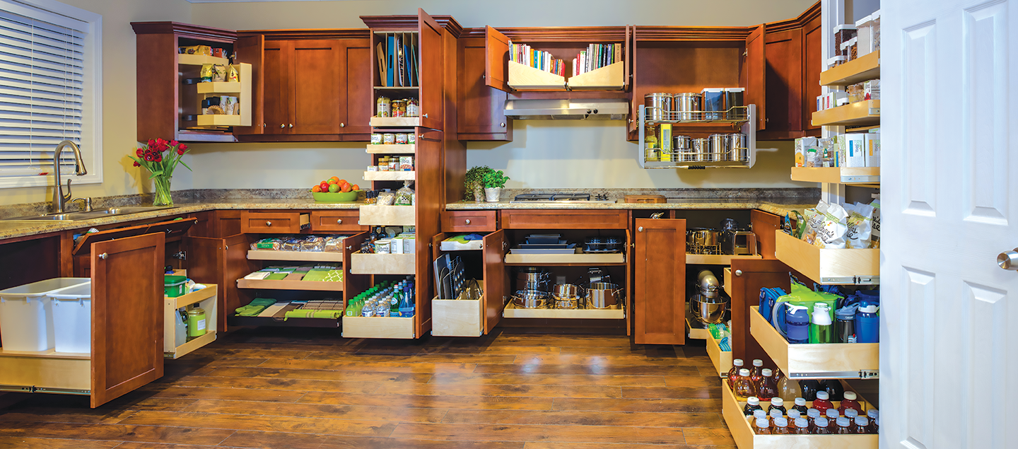 A fully stocked corner pantry in the kitchen.