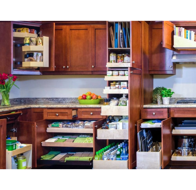 Kitchen pantry shelves.