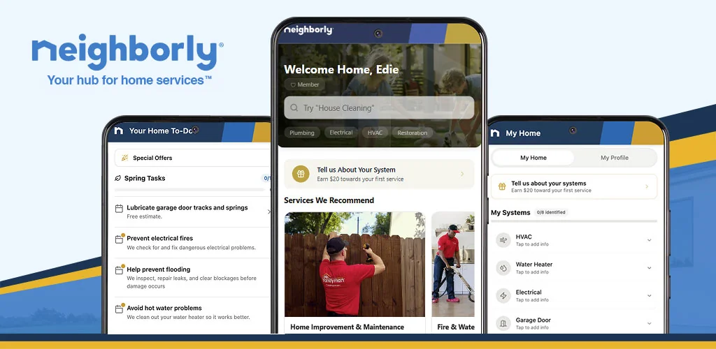 Three smartphones showing different content from the Neighborly app.
