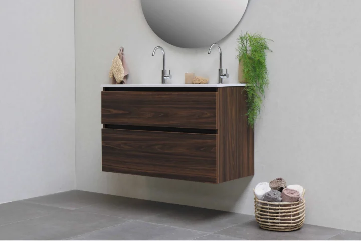 modern rectangular vanity unit floating on a gray bathroom wall for Small bathroom design ideas