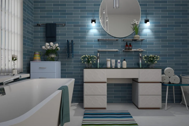blue tiled bathroom with white furniture for Small bathroom design ideas