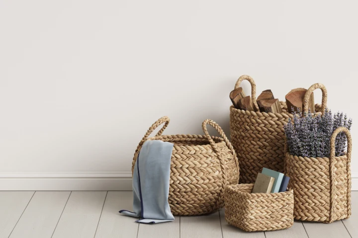 Primarily decorative, but equally functional, woven baskets are a quick idea for workout equipment storage.