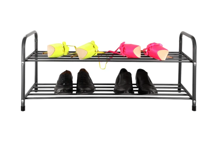 A black shoe rack featuring two tiers that can store up to 12 pairs of shoes each.
