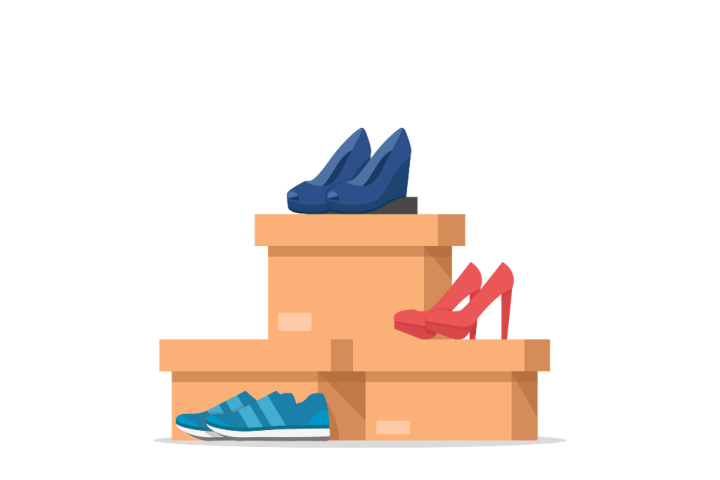 Illustration of brown closed shoe boxes, each with a pair of shoes near it.
