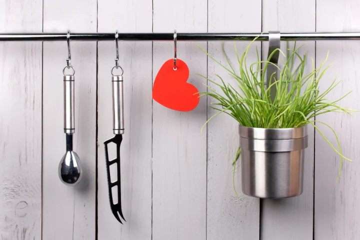 Silver hanging hooks in kitchen for storage ideas for small spaces