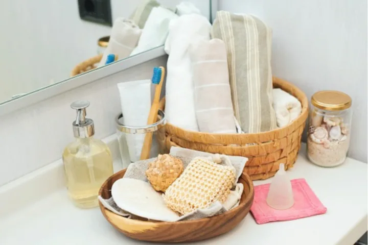 A basket of towels and a soap.