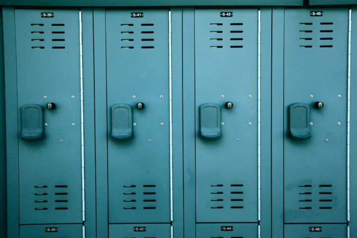 A row of blue lockers.