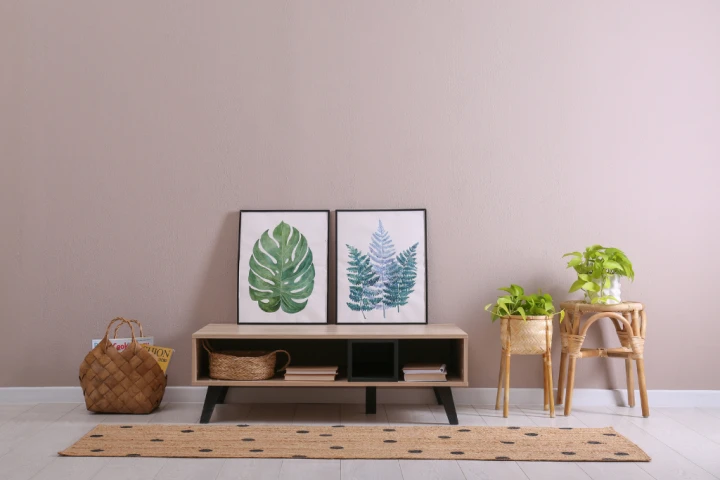 A shelf with plants and pictures on it.