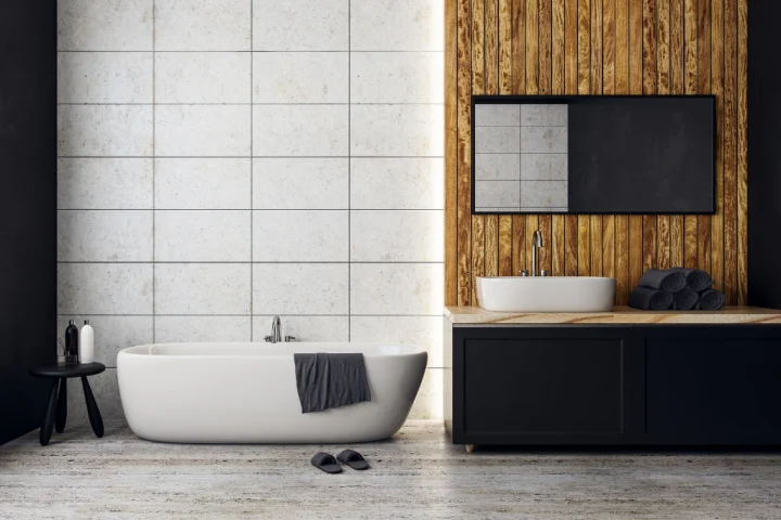 Console bathroom vanity set in black, wood and white. 