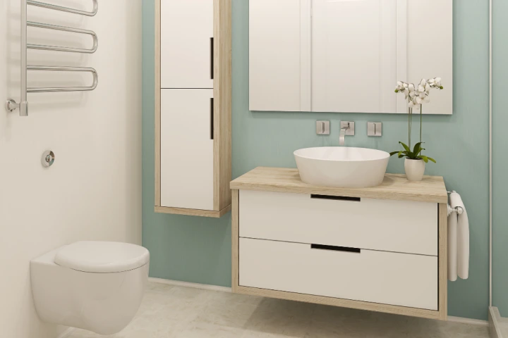 Wood and white mounted bathroom vanity set. 