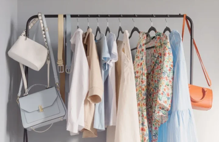 clothes rack with handbags, belts, and shirts hanging on it.