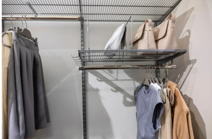 closet shelving with handbags and shirts.