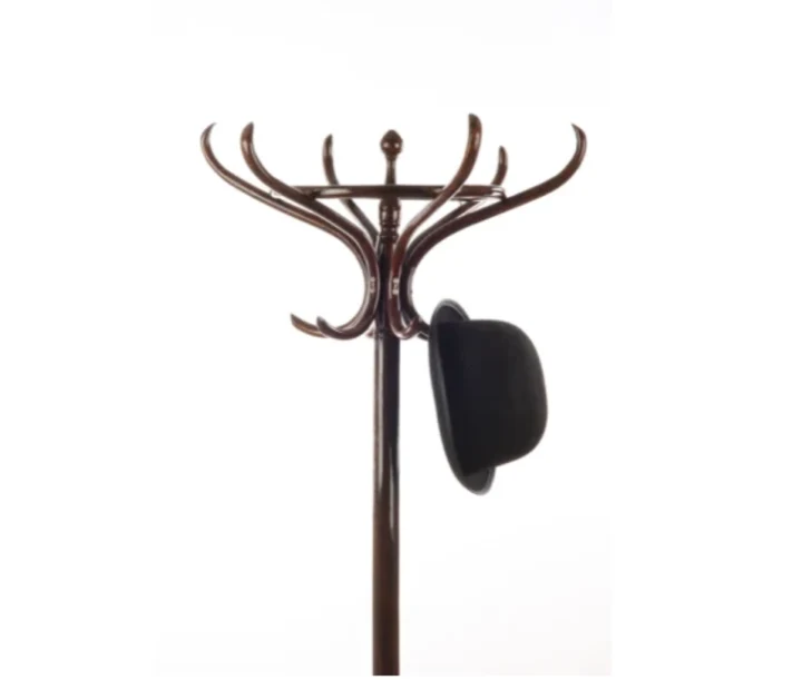 coat rack with a hat hanging on it.