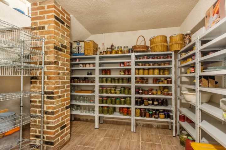 Home basement pantry with various canning jars on metal shelves.