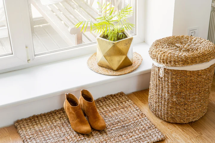 Woven baskets and other woven accessories add rustic charm to your entryway.