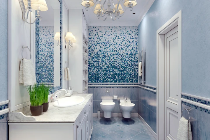 Guest half bath with blue tile.