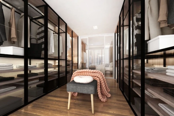 Modern luxury interior design of walk in closet.