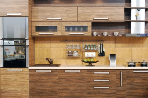 Modern wood for refacing kitchen cabinets.