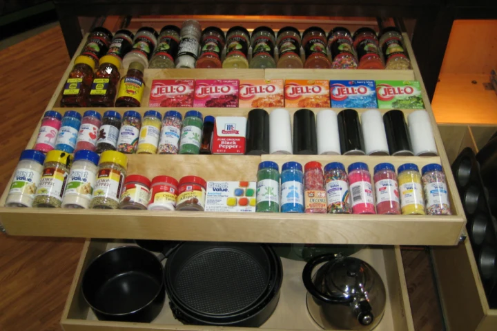 Spice rack with herbs and spices.