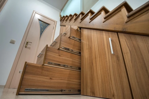 Staircase with cabinets.