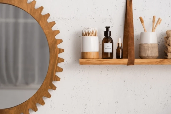 This floating shelf is unique and saves on space for small bathroom remodel ideas.