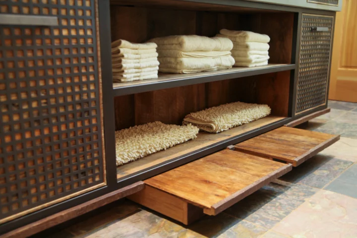 Dark wood shelving with soft linens inside. A wooden toe kick step is at the bottom.