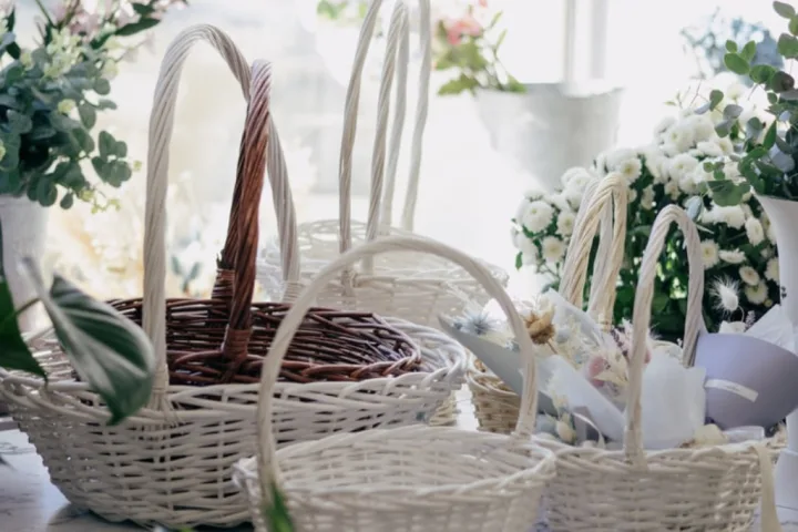 Painted wicker baskets as toy storage ideas for small spaces.