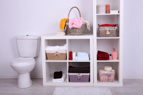 Wicker baskets are inexpensive accessories that change a bathroom.